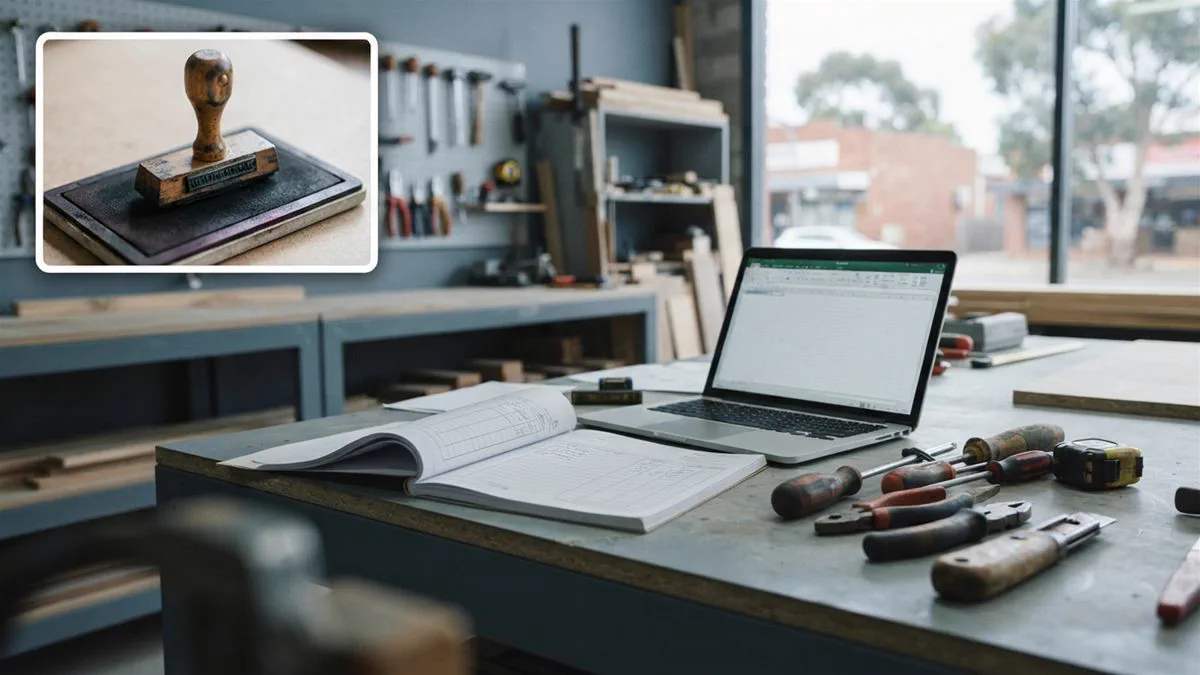An invoice on a workbench beside a set of tools, illustrating that paperwork does not decide worker status